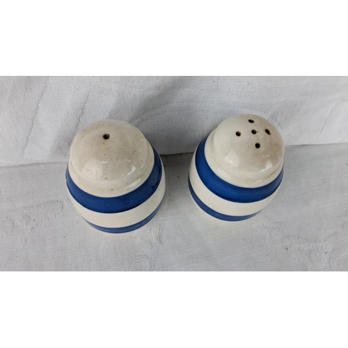 74 - Pair of vintage ceramic salt and pepper shakers with blue and white stripes.