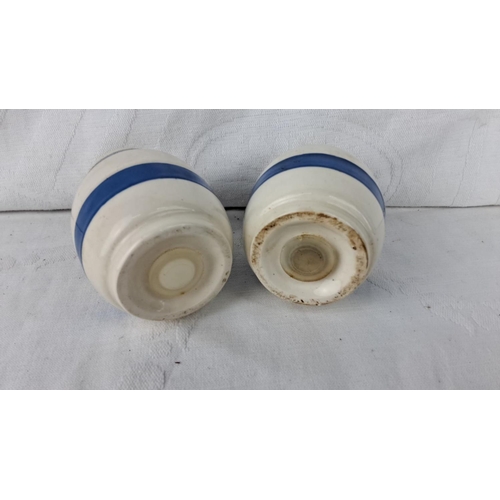 74 - Pair of vintage ceramic salt and pepper shakers with blue and white stripes.