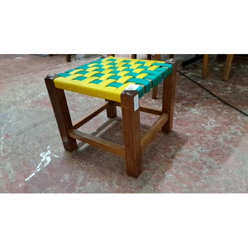 97 - Woven wooden stool with vibrant green and yellow rope weave. Retro design, from the mid-20th century... 