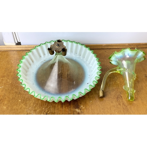 213 - Victorian Uranium glass epergne with green ruffled rim. Features a detachable fluted trumpet vase.