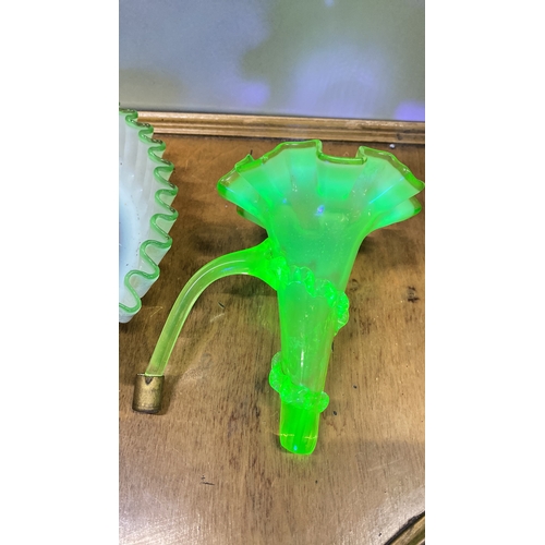 213 - Victorian Uranium glass epergne with green ruffled rim. Features a detachable fluted trumpet vase.