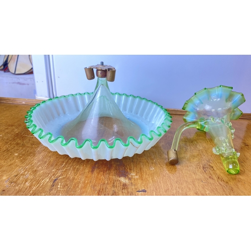 213 - Victorian Uranium glass epergne with green ruffled rim. Features a detachable fluted trumpet vase.