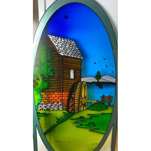 220 - Large decorative stained glass panel features a scenic watermill landscape, accented with geometric ... 