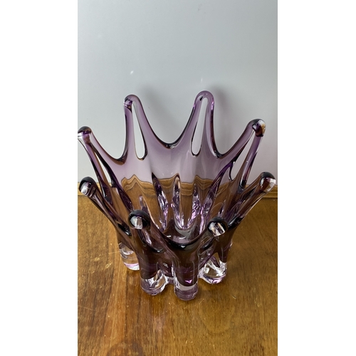 225 - Purple Murano glass vase, handblown with abstract design and clear accents.