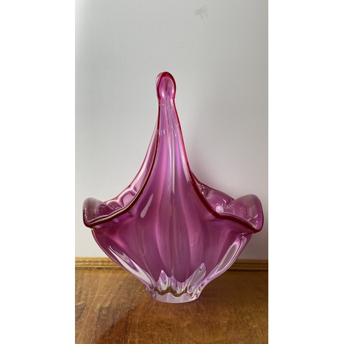 227 - Murano-style handblown glass vase, features vibrant cranberry hues with flowing, scalloped edges and... 