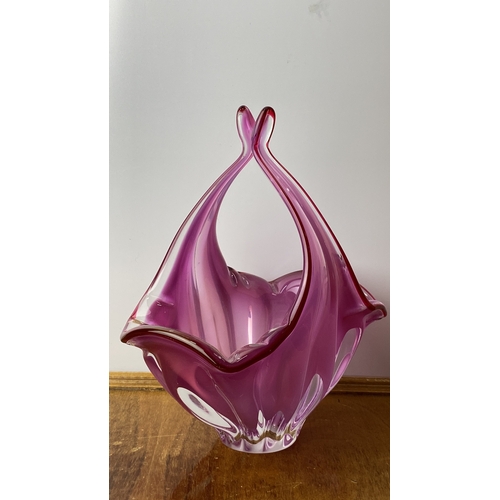 227 - Murano-style handblown glass vase, features vibrant cranberry hues with flowing, scalloped edges and... 