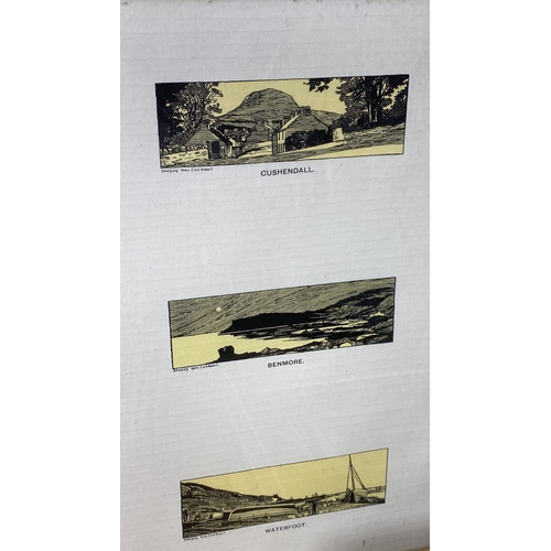 235 - Collection of three framed artworks: landscape illustrations of Cushendall, Benmore, and Waterfoot b... 