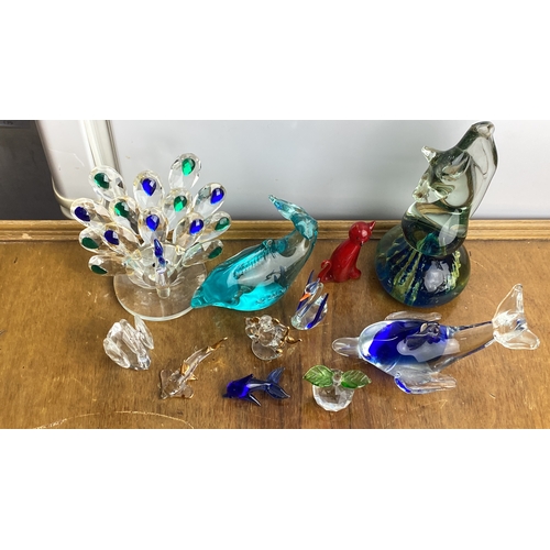 236 - Collection of glass animal figurines and sculptures, including a peacock, dolphin, cat, and various ... 