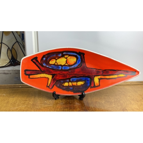 237 - Poole Pottery abstract 'Spear' dish, vibrant orange and blue glaze, dolphin mark on base, England, p... 