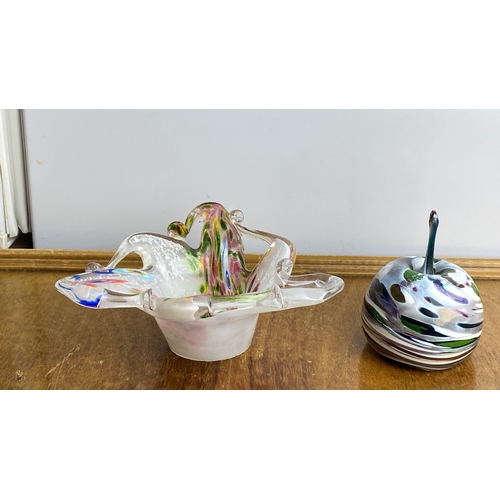 239 - Murano-style art glass lot includes an abstract dish and a decorative apple with vibrant multicolore... 