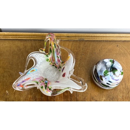 239 - Murano-style art glass lot includes an abstract dish and a decorative apple with vibrant multicolore... 