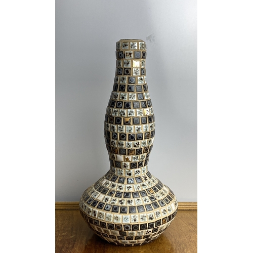 245 - Mosaic vase with intricate, multi-coloured tile design and green glass interior.