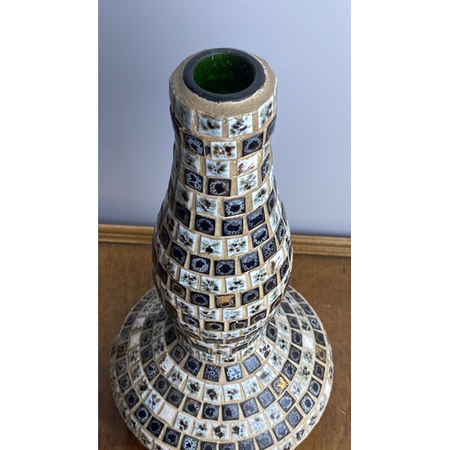 245 - Mosaic vase with intricate, multi-coloured tile design and green glass interior.