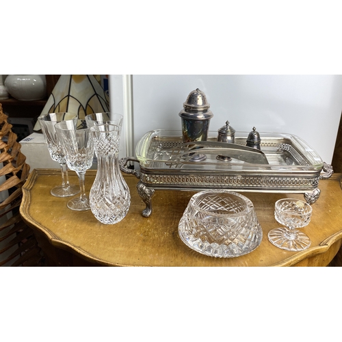 248 - Silver-plated condiment set with glass crystal bowls and glasses, featuring intricate lattice detail... 