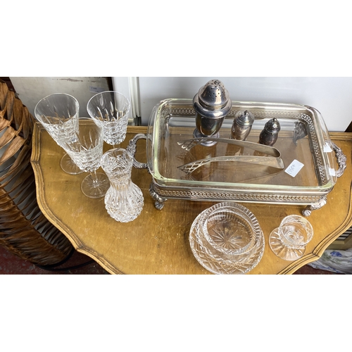 248 - Silver-plated condiment set with glass crystal bowls and glasses, featuring intricate lattice detail... 