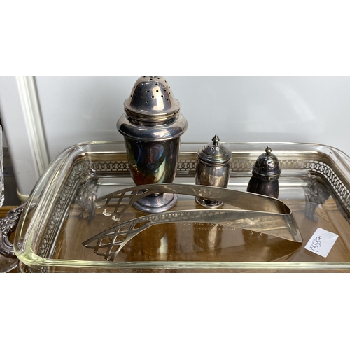 248 - Silver-plated condiment set with glass crystal bowls and glasses, featuring intricate lattice detail... 