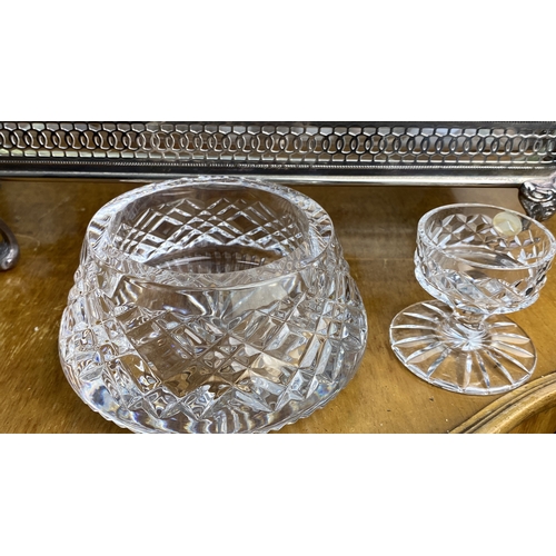 248 - Silver-plated condiment set with glass crystal bowls and glasses, featuring intricate lattice detail... 