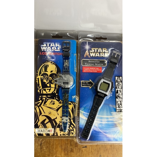 268 - Collection of Star Wars memorabilia includes five pin badges and three collectible watches (LCD and ... 