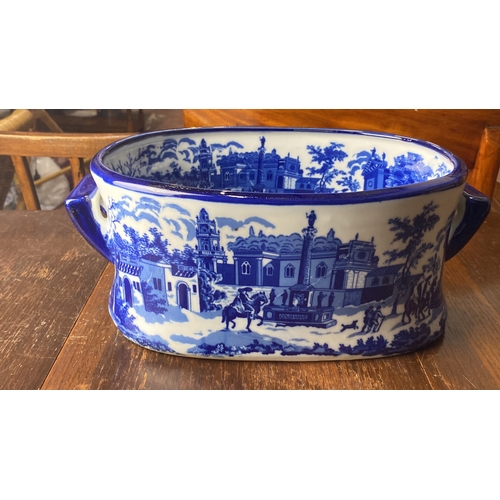 322 - Blue and white transferware planter, featuring classical architecture and equestrian scene, from the... 