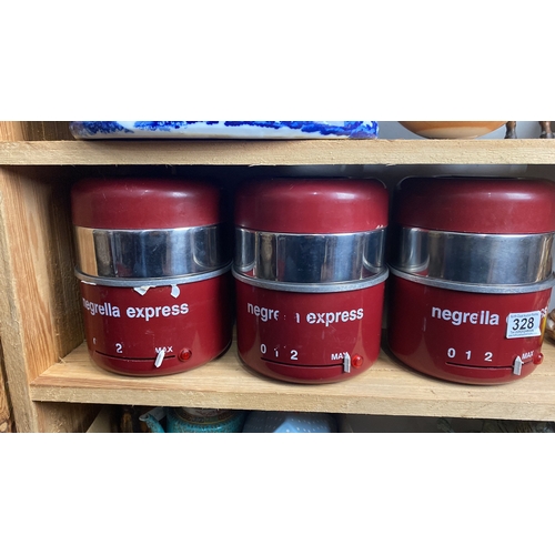 328 - Set of three Negrella Express kitchen appliances in red with chrome accents.