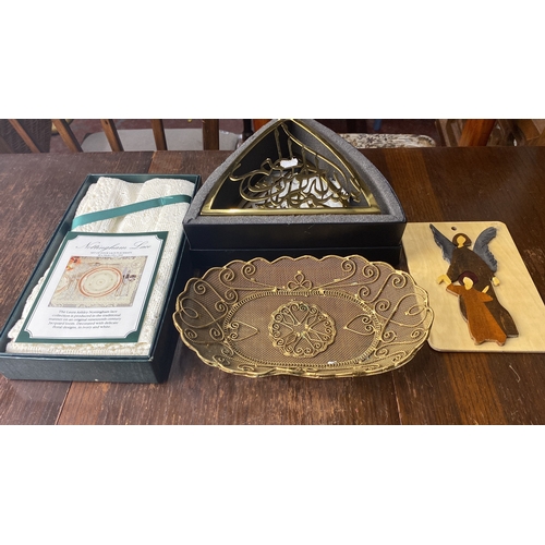 340 - Boxed Laura Ashley Nottingham lace placemats, intricate brass wire tray, Islamic calligraphy plaque,... 