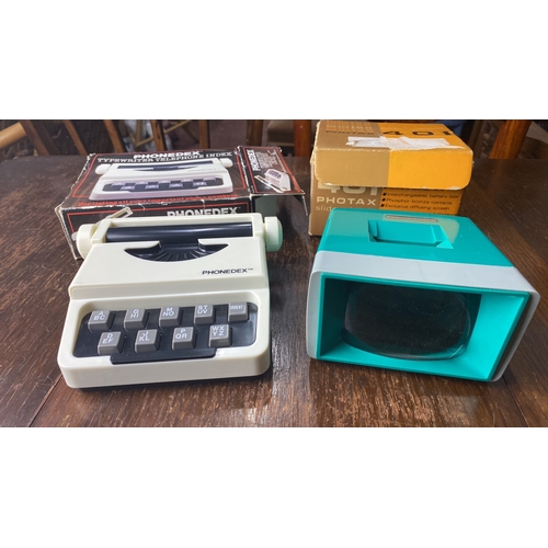 341 - Phonedex typewriter-style telephone index. Photax 401 slide viewer in teal and grey, boxed.