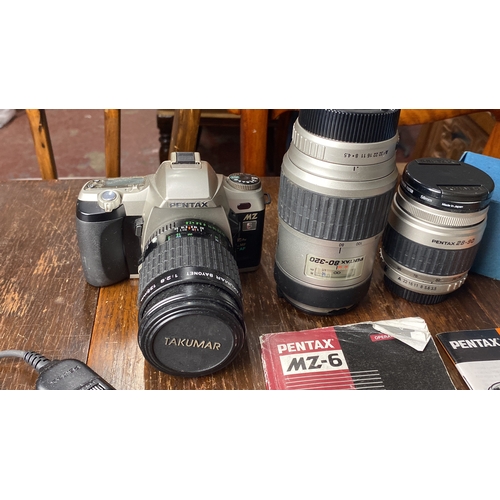 347 - Pentax MZ-6 film camera with Takumar 28mm f/2.8 lens, Pentax 80-320mm f/4.5-5.6 and 28-90mm f/3.5-5.... 