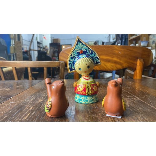 350 - Hand-painted wooden Russian figurine set features a Matryoshka doll and two bird whistles with vibra... 