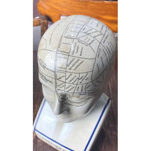 362 - Ceramic L.N. Fowler phrenology head model with crackle glaze, featuring detailed mapped areas of the... 