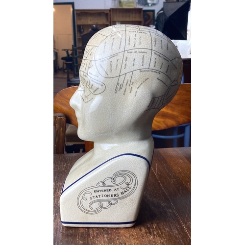 362 - Ceramic L.N. Fowler phrenology head model with crackle glaze, featuring detailed mapped areas of the... 