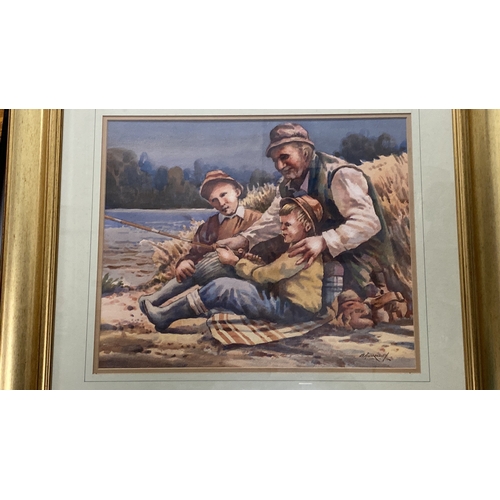 384 - Large gilt framed Watercolour painting 'Fishing with Grandad' - signed Bobbie Anderson  Measuring 65... 