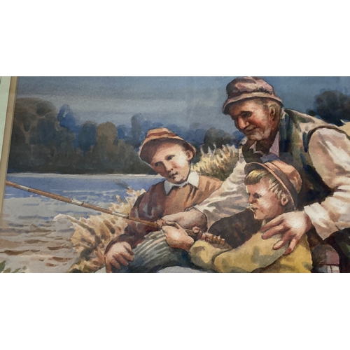 384 - Large gilt framed Watercolour painting 'Fishing with Grandad' - signed Bobbie Anderson  Measuring 65... 