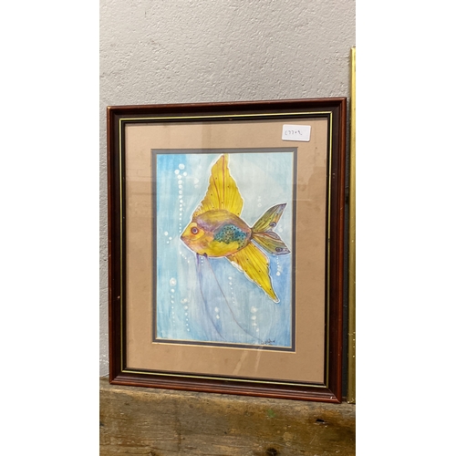 386 - Watercolour painting of a vibrant fish with visible signature. Framed and matted under glass.