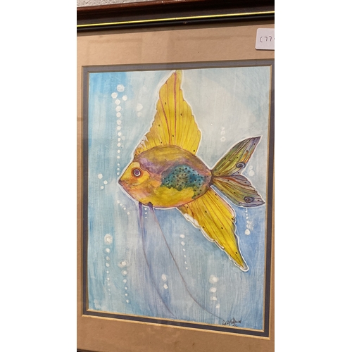 386 - Watercolour painting of a vibrant fish with visible signature. Framed and matted under glass.