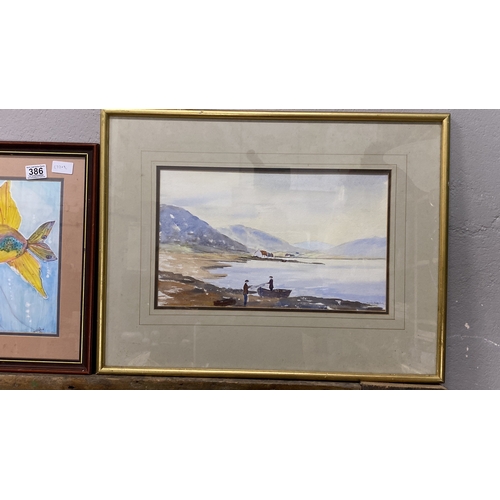 387 - Watercolour landscape by Eddie O'Neill, depicting two figures by a shoreline with a distant mountain... 