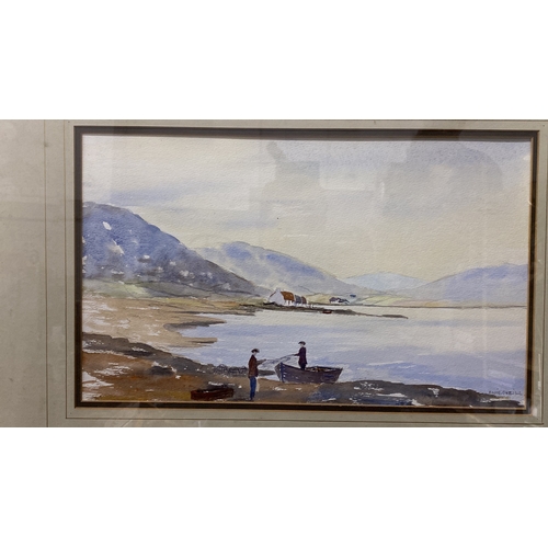 387 - Watercolour landscape by Eddie O'Neill, depicting two figures by a shoreline with a distant mountain... 