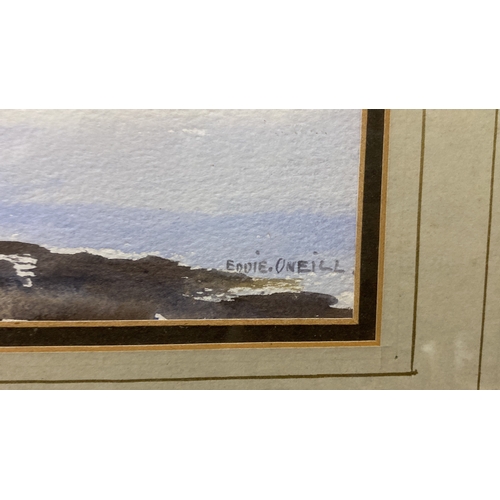 387 - Watercolour landscape by Eddie O'Neill, depicting two figures by a shoreline with a distant mountain... 