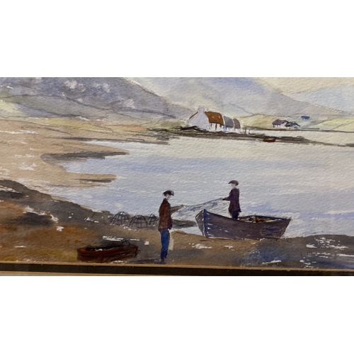 387 - Watercolour landscape by Eddie O'Neill, depicting two figures by a shoreline with a distant mountain... 