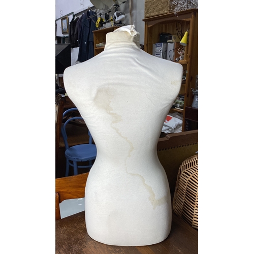 392 - Vintage dress form mannequin with fabric cover. Sturdy construction.