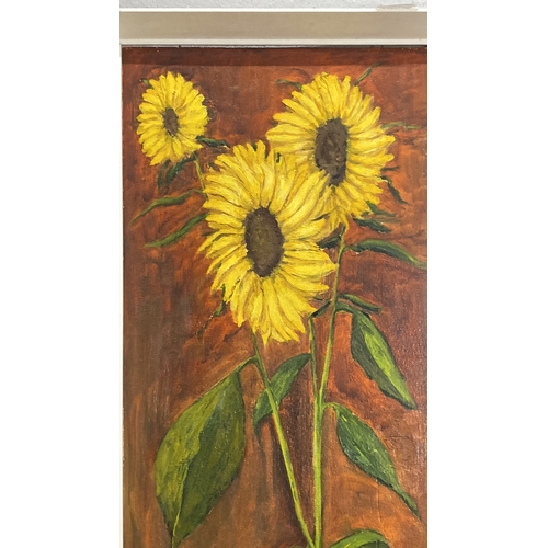 398 - Oil painting of sunflowers on canvas, framed. Vibrant depiction with a warm background. Artist's ini... 