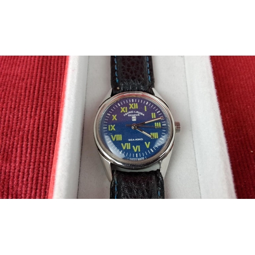 135 - Favre-Leuba Sea-King wristwatch, Geneva. Blue dial, Roman numerals, leather strap. Swiss made. Polis... 