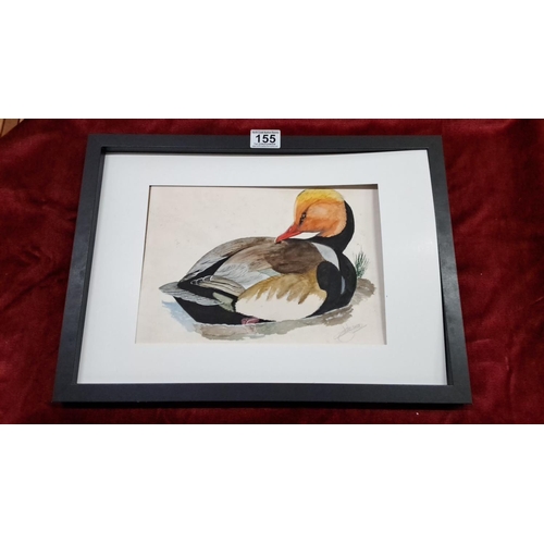 155 - Watercolor painting depicts a resting duck, signed by the artist. It is framed in a black frame with... 