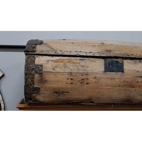 157 - Antique wooden chest, featuring iron hardware and latch. Solid construction with natural wood textur... 