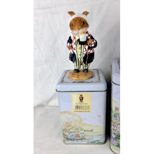 177 - 3 Regency Fine Arts 2002 ceramic rabbit figurines on decorated tins include intricate woodland-theme... 