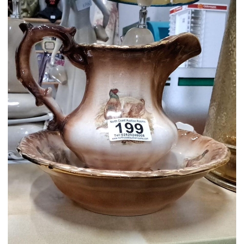 199 - Staffordshire Ceramic jug and basin set with pheasant motif.