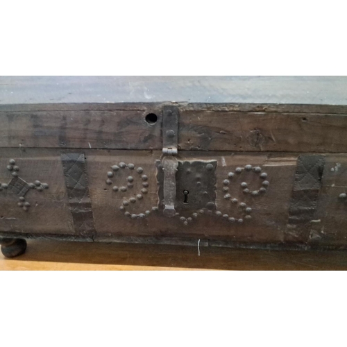 556 - Antique wooden chest with iron hardware and decorative motifs, from the 19th century. Made from rust... 