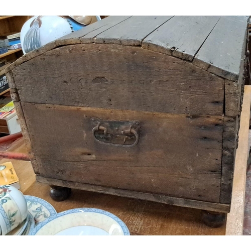 556 - Antique wooden chest with iron hardware and decorative motifs, from the 19th century. Made from rust... 