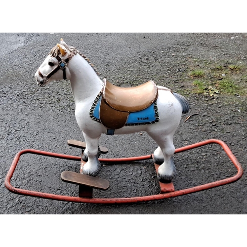 557 - Vintage Tri-ang rocking horse, painted metal with brown saddle and blue detailing, on a sturdy red m... 