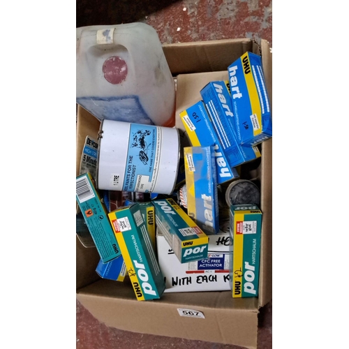 567 - Mixed lot of adhesives and supplies including UHU, Araldite, Devcon, and 2-part epoxy. Includes hot ... 