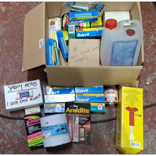 567 - Mixed lot of adhesives and supplies including UHU, Araldite, Devcon, and 2-part epoxy. Includes hot ... 